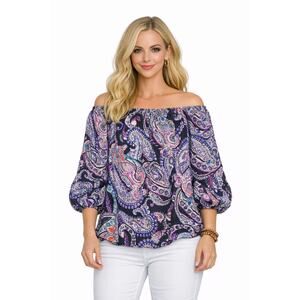Karen Kane Off Shoulder Blouse Women’s XS Paisley Artsy Boho Top 3/4 Sleeve EUC